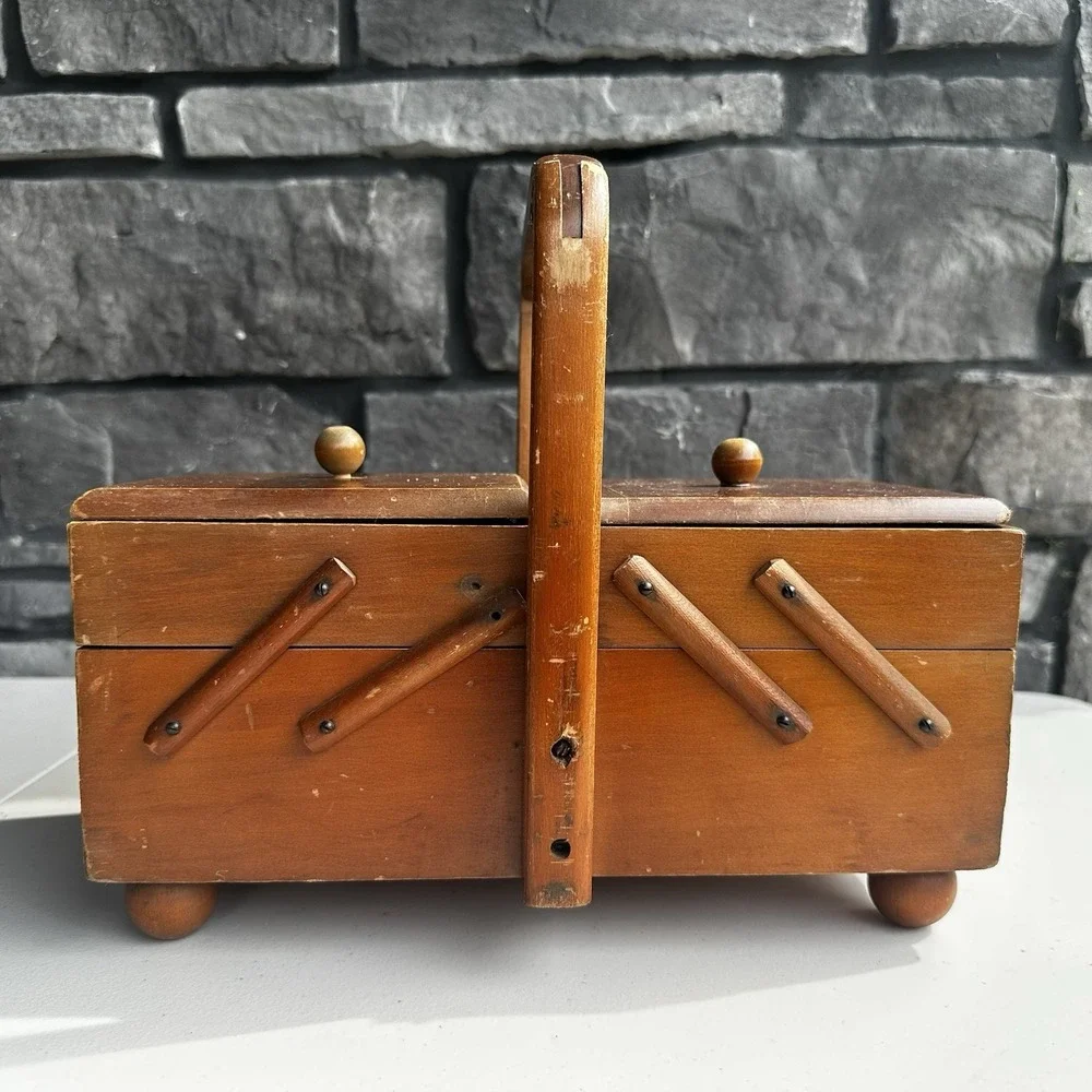 Vintage 50s / 60s Wooden Sewing Craft Box Accordion Cantilever Storage Organizer